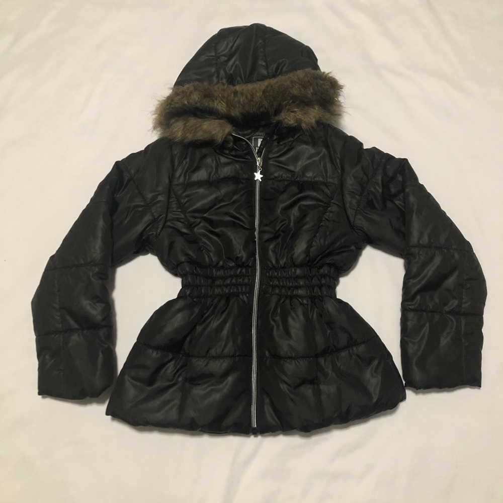 S. Rothschild R1881 Girls Black Poly Puffer Coat W/ Hood Faux Fur Possibly SZ M